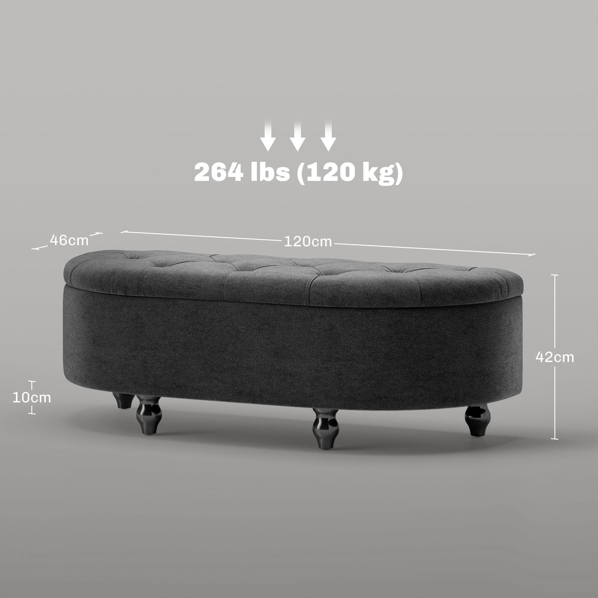 Storage Bench with Open Lid Upholstered 120x46x42cm, Dark Grey Velvet-Touch