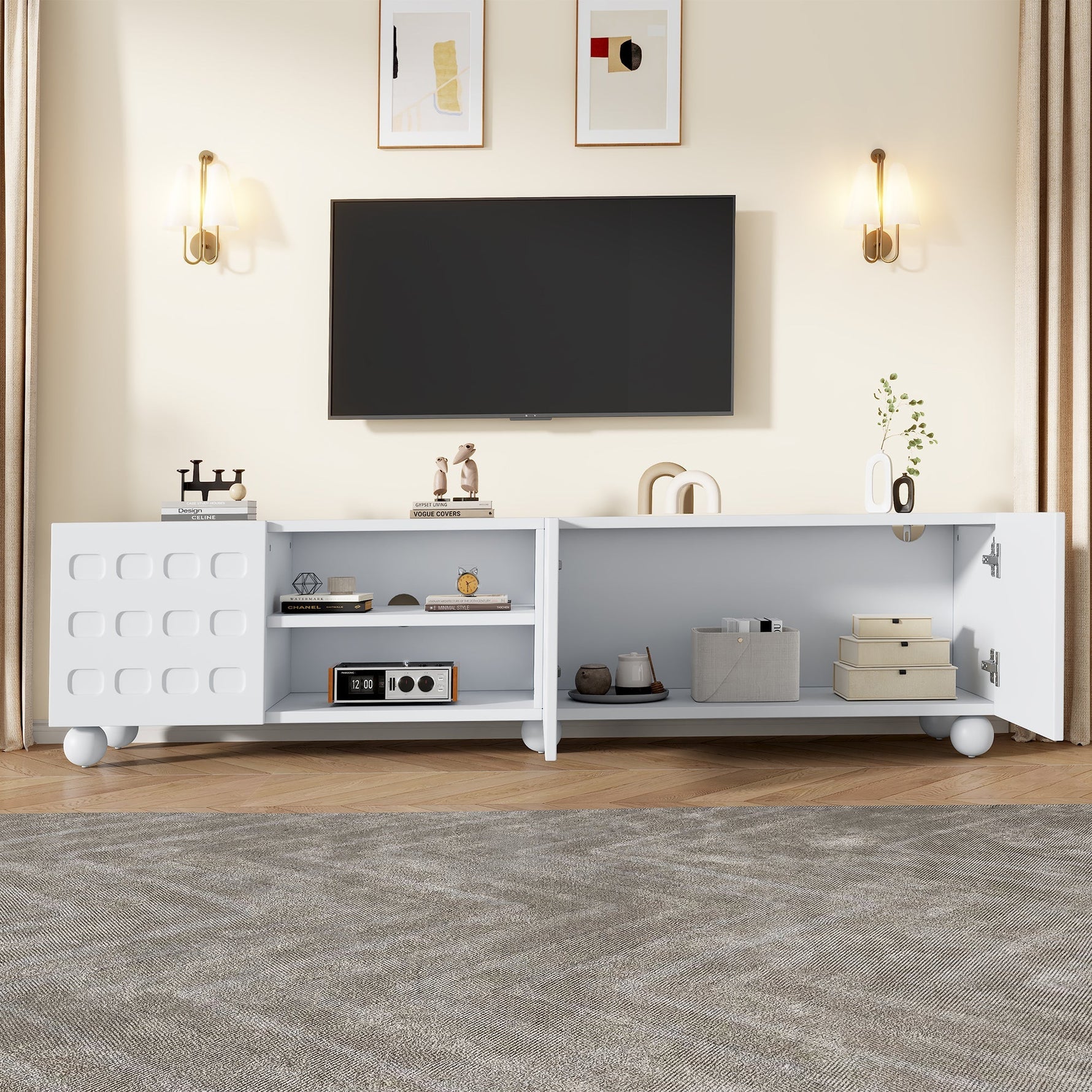 TV Cabinet Lowboard 200cm 3-Door Printed Design - White