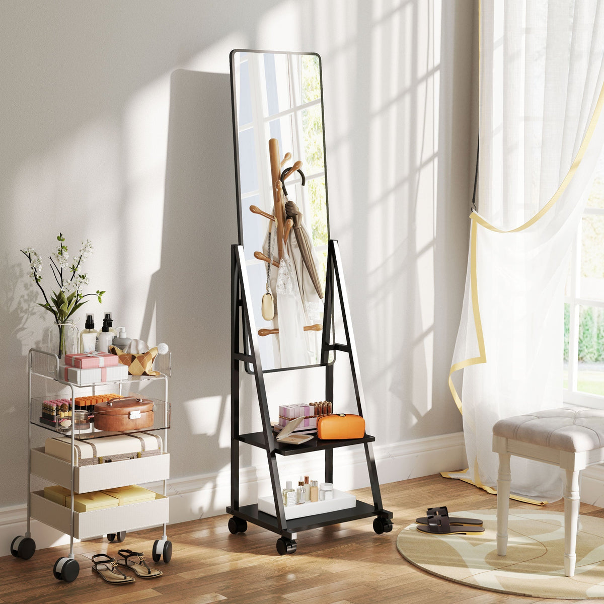 Full-Length Mirror, 42 x 155 cm with Shelf and Wheels, Black
