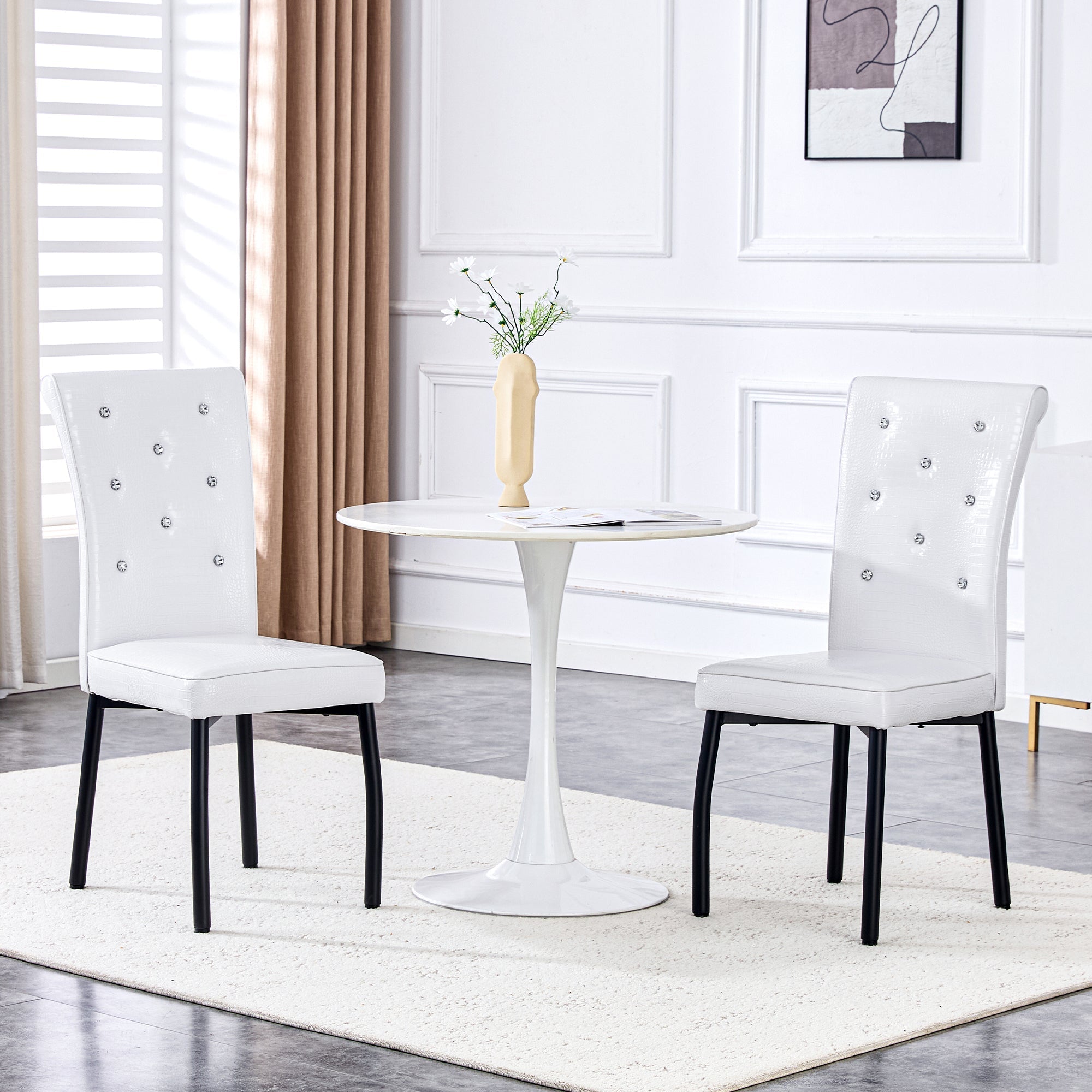 Set of 2 Dining Seats Soft Retro Crocodile Pattern Crystal Clasps White and Black Faux Leather