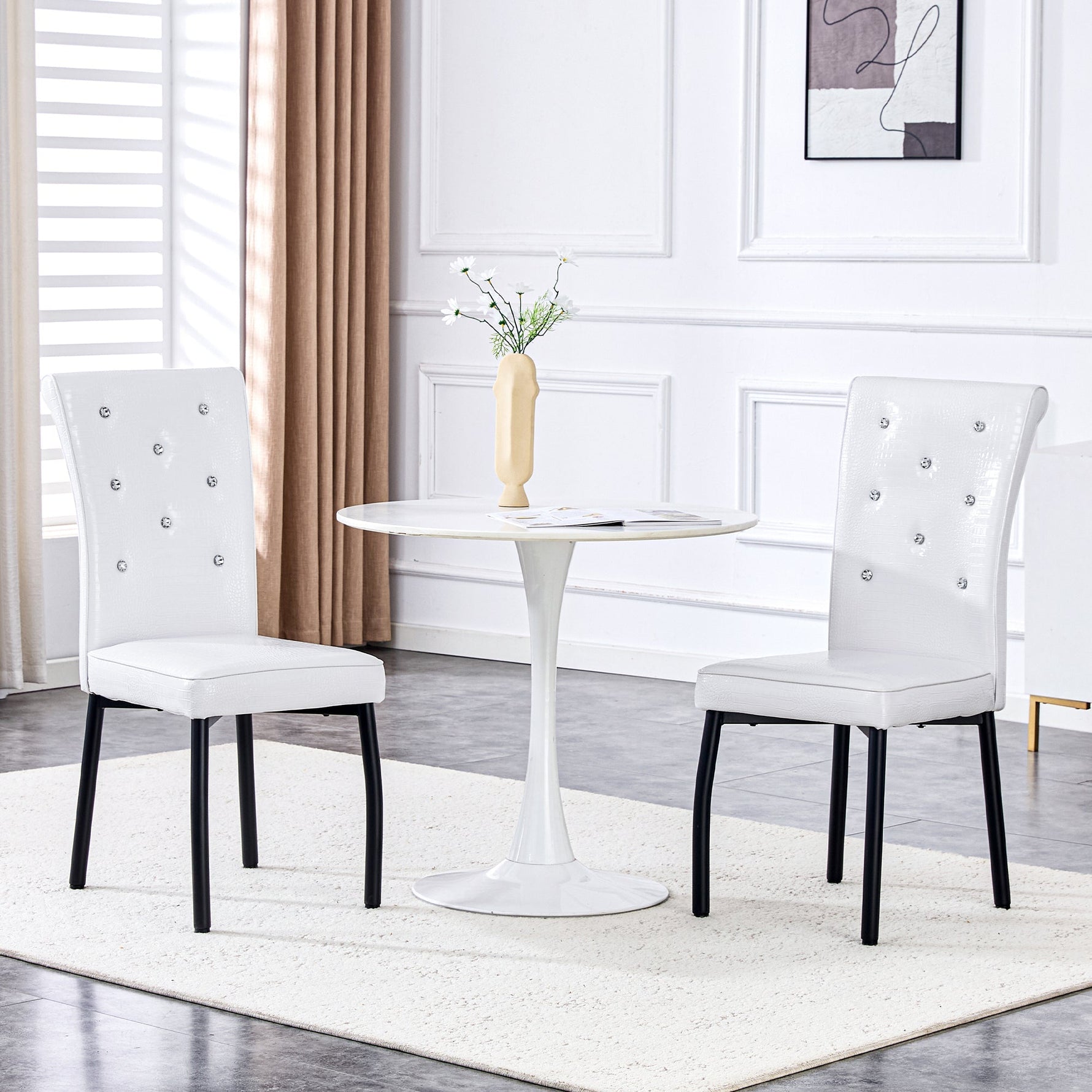 Set of 2 Dining Seats Soft Retro Crocodile Pattern Crystal Clasps White and Black Faux Leather