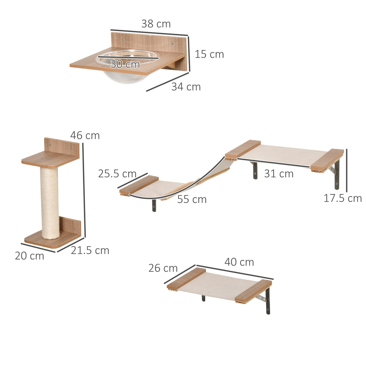 Cat Set with Scratching Post, Stairs & Hammock, Light Brown, Sisal, Acrylic, Pine