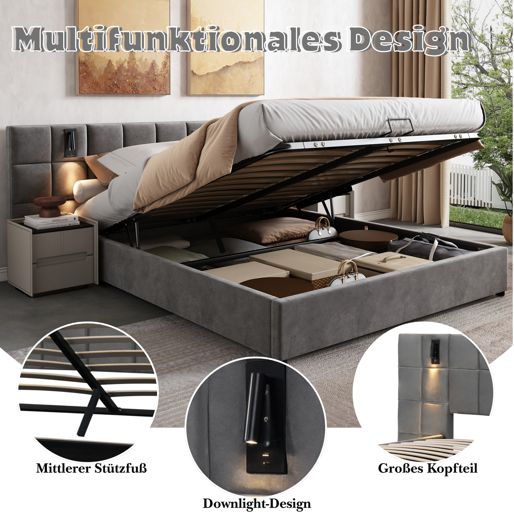 Upholstered Bed 160x200cm Hydraulic Storage Lamp USB - Velvet Grey