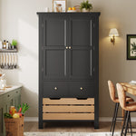 Kitchen Cabinet, Tall Buffet Storage with 2 Doors & 5 Drawers, Black/White