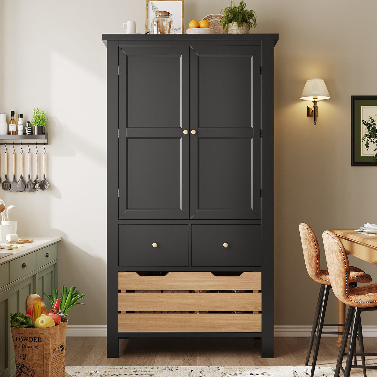 Kitchen Cabinet, Tall Buffet Storage with 2 Doors & 5 Drawers, Black/White