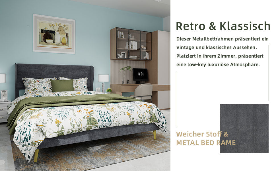 Upholstered Bed, Modern Minimalist with Soft Headboard, 140x200 cm, Grey