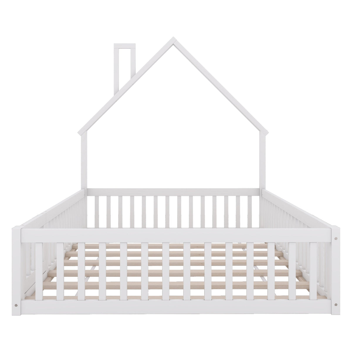Children's House Bed 140x200cm Chimney Shape Slatted Base Pine Wood White