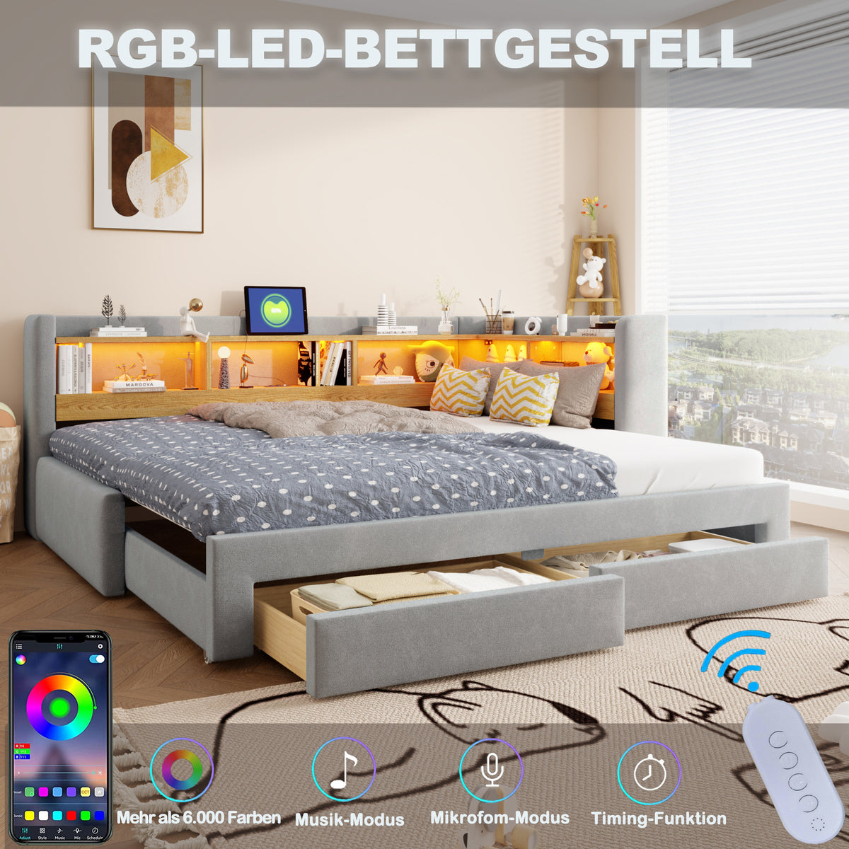 3-in-1 Extendable Sofa Bed 90x200cm with LED & Drawers, Wood