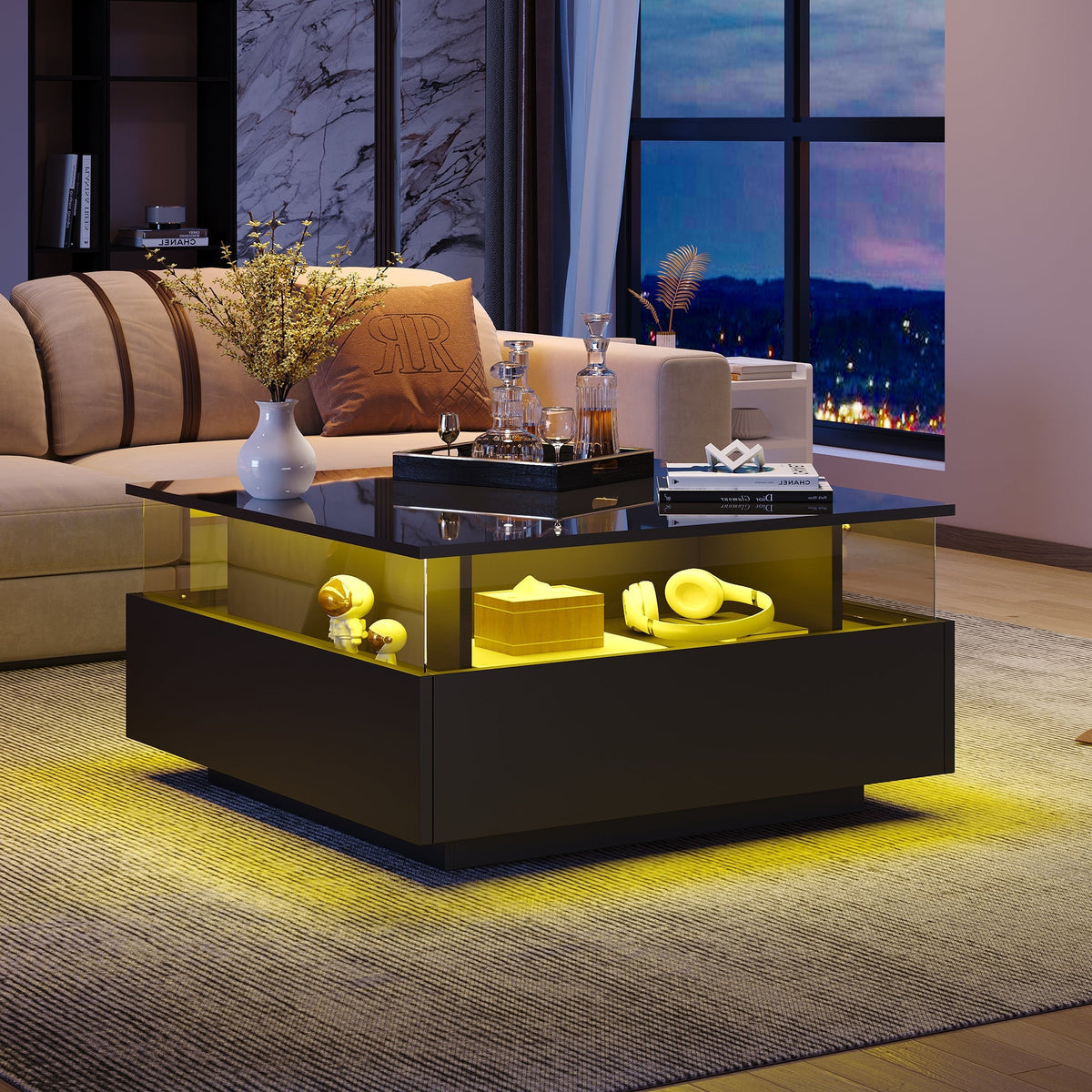 LED Coffee Table 70x70x41cm, 2 Drawers, Transparent Area, High-Gloss