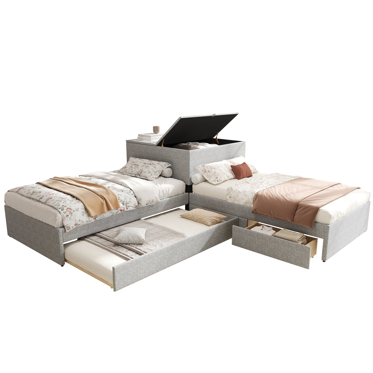 Corner Bed with Trundle & Storage, 90x200 cm, Grey Linen