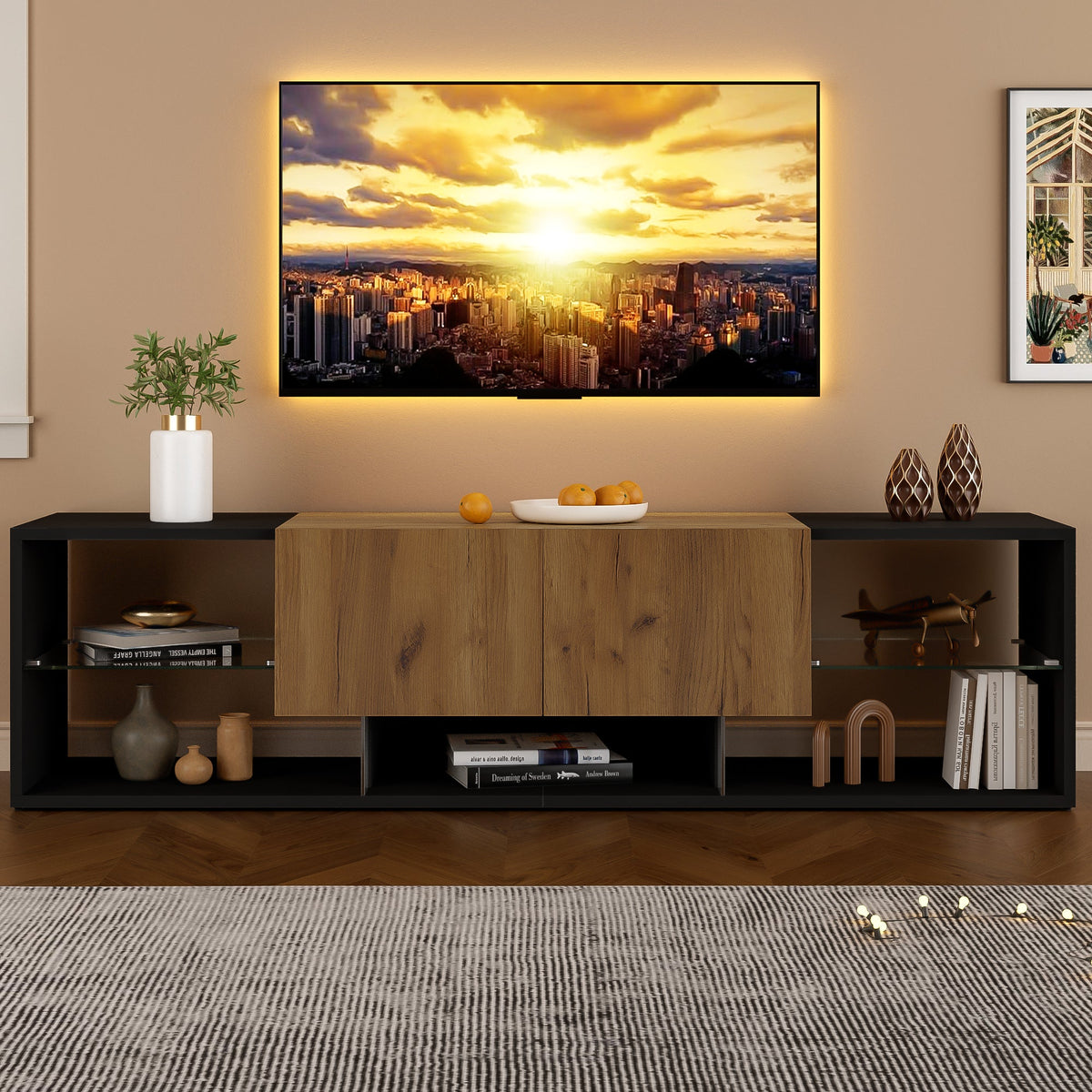 TV Console Cabinet, 3-Tier with Glass Shelf and 2 Drawers, Black