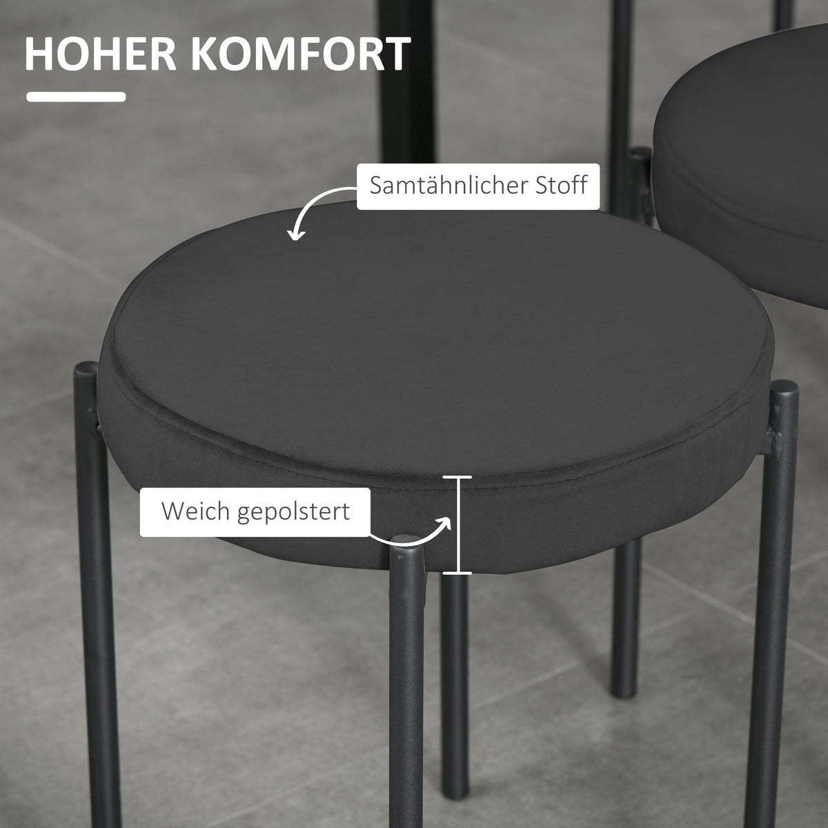 Set of 4 Dining Stools Stackable Upholstered Velvet Look Black Metal