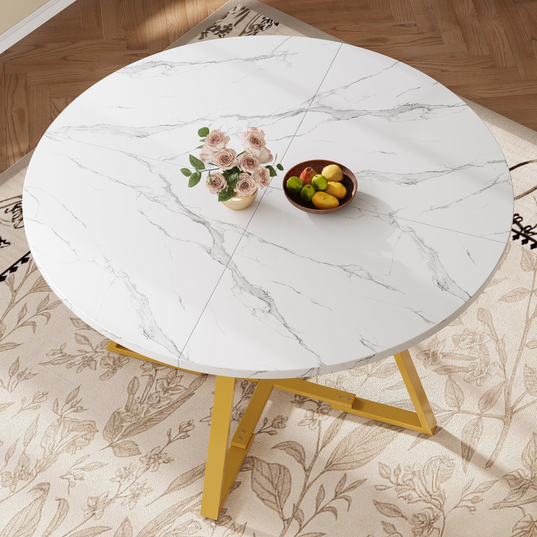 Round Dining Table Metal Legs Marble Look - Black/White