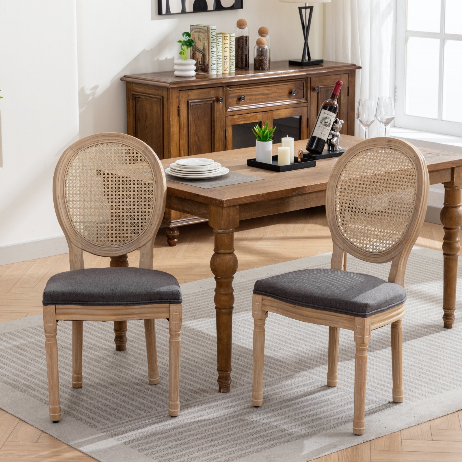 French Style Dining Chair Set of 2 Rattan Back Solid Wood - Gray Linen