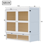 Wall Bed 140x200cm, Vertical with Slatted Frame & Storage Drawers, Rattan Design White