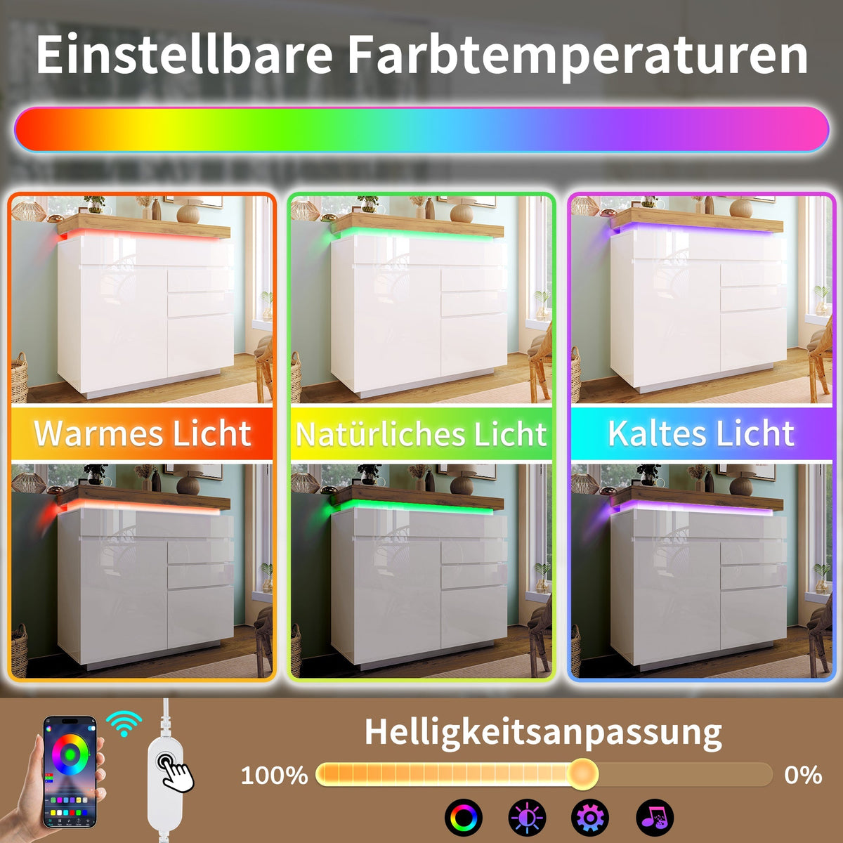 Chest of Drawers, High-Gloss Sideboard 2 Doors 3 Drawers, LED, White