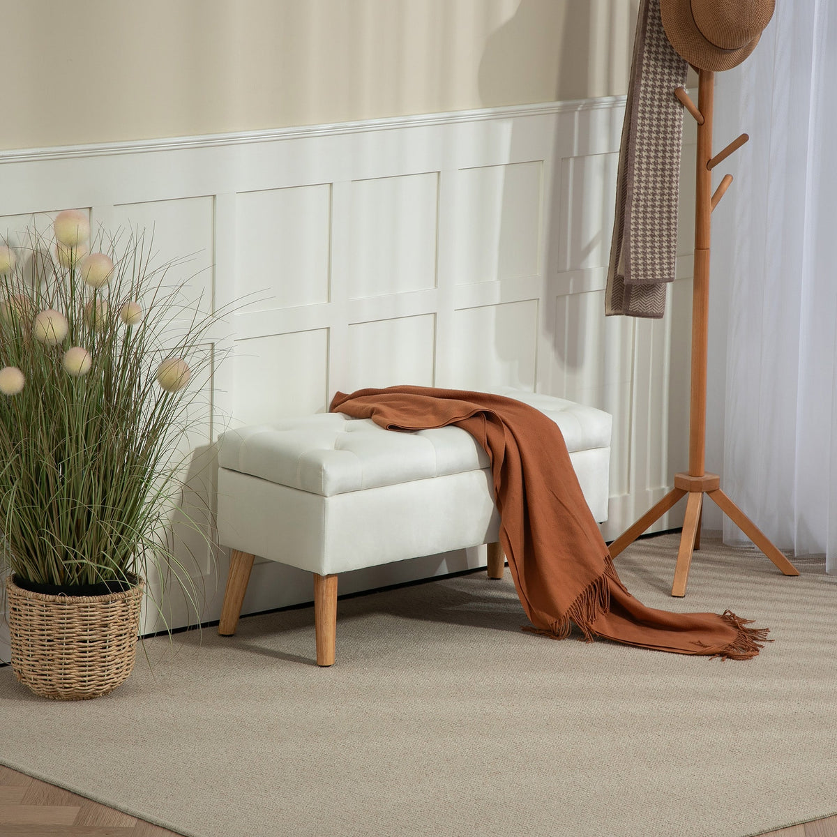Bench with Storage, Upholstered Lid, Rubberwood White