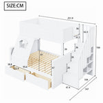 Bunk Bed with Safety Ladder, Drawers and Window, 90x200cm and 140x200cm, Solid Wood