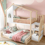 Bunk Bed with Storage Ladder and House Railing, 90x200cm and 140x200cm, Natural and White