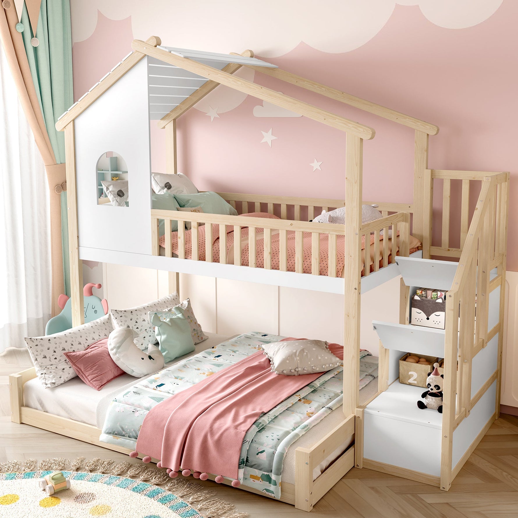 Bunk Bed with Storage Ladder and House Railing, 90x200cm and 140x200cm, Natural and White