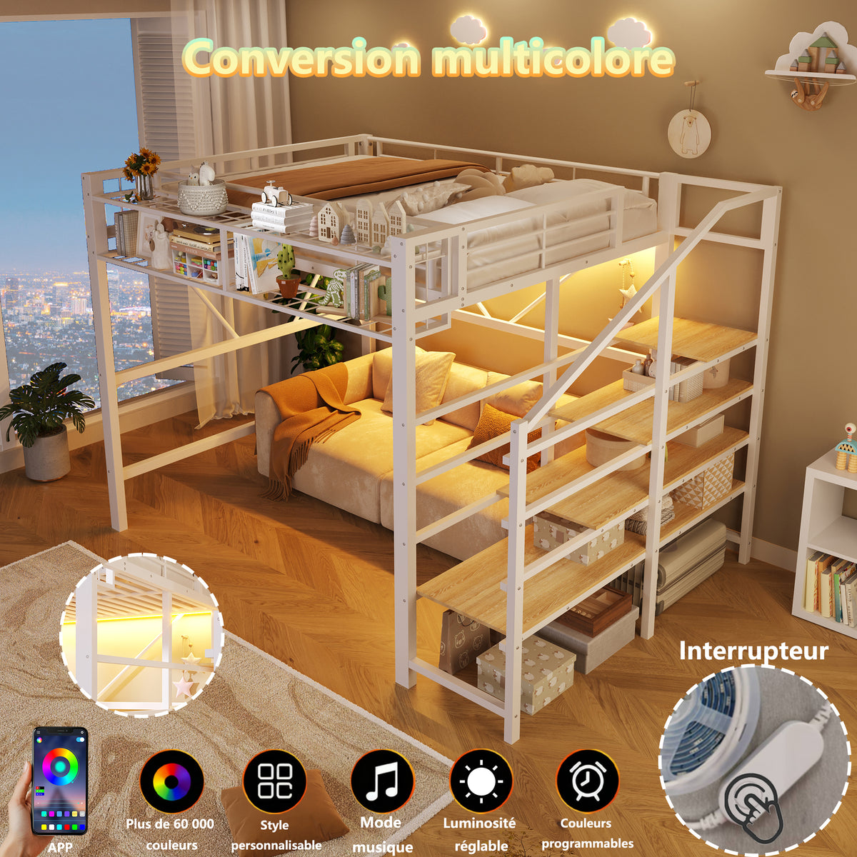 Loft Bed 140x200cm with LED Lights & Storage - White Metal