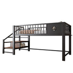 Low Loft Bed with Storage Ladder and Metal Frame, 90x200cm, Black Metal
