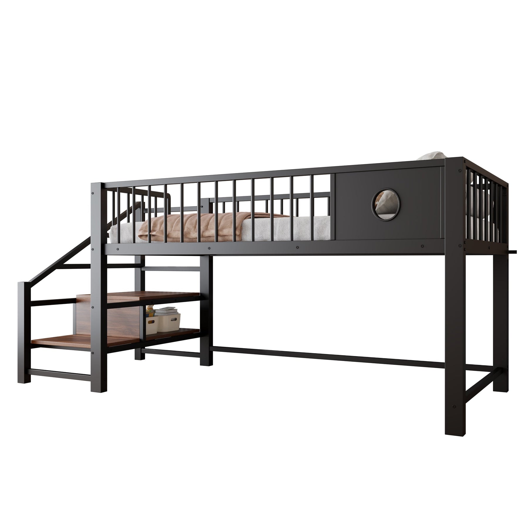 Low Loft Bed with Storage Ladder and Metal Frame, 90x200cm, Black Metal