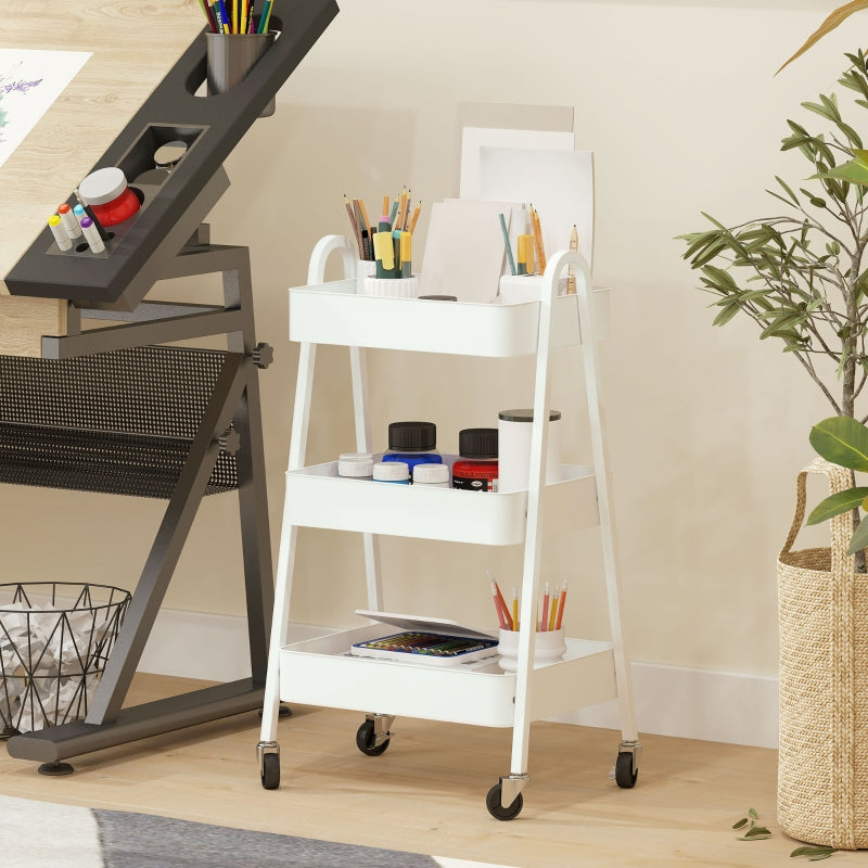 Serving Cart, 3 Levels with Wheels and Brake, White