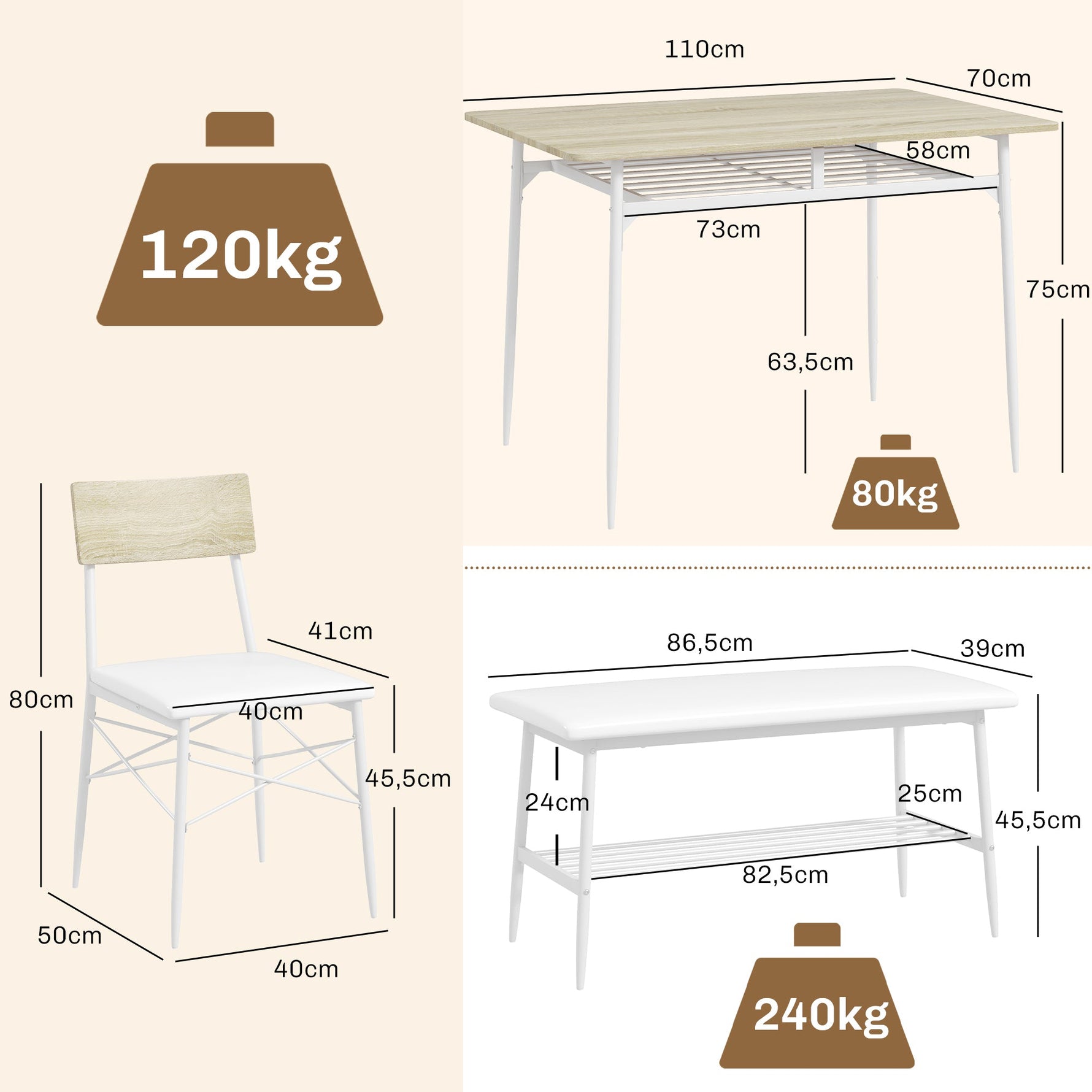 Dining Table Set, 4-Person Kitchen Table with Storage, Oak