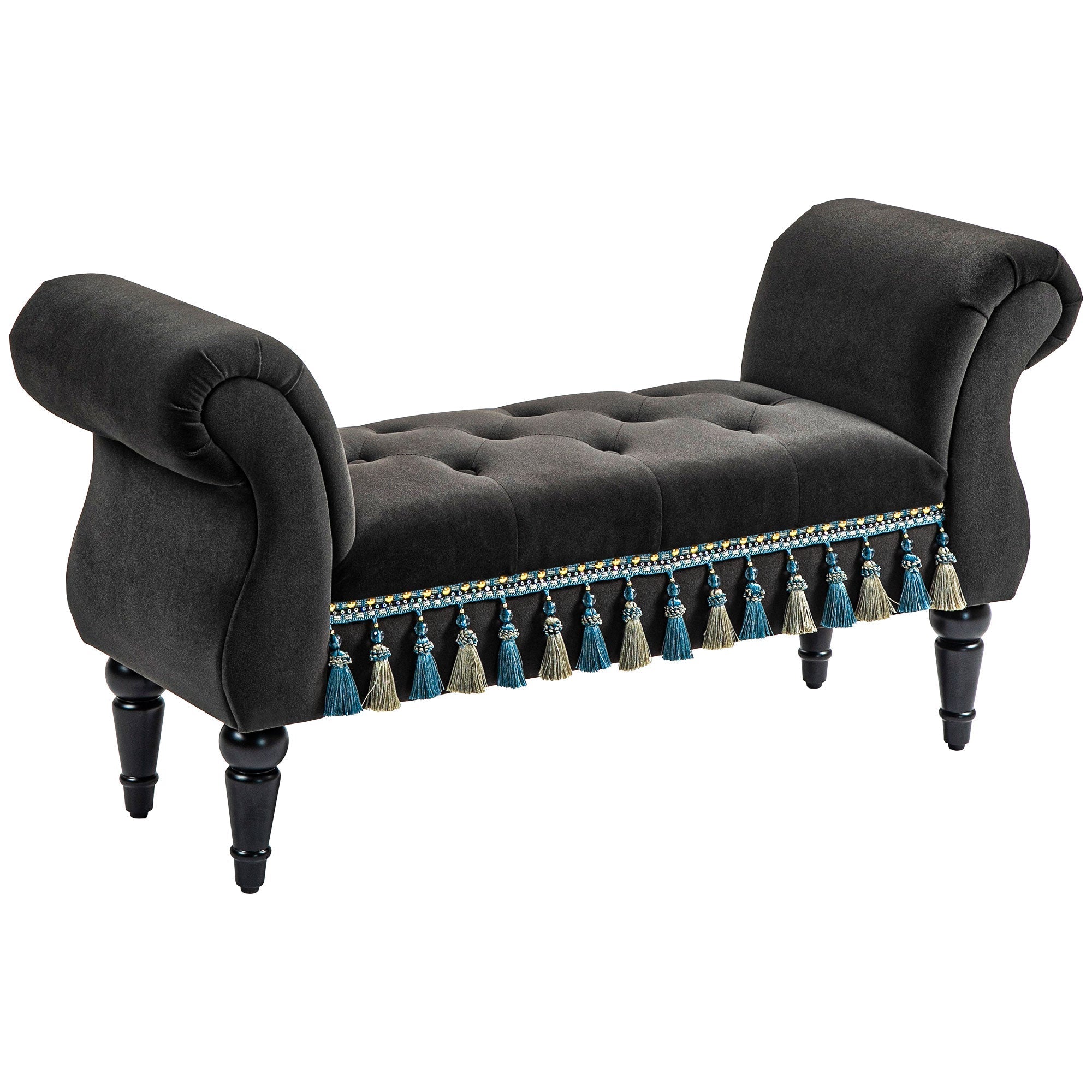 Upholstered Bench, Storage Armrest Wooden Legs, Dark Grey