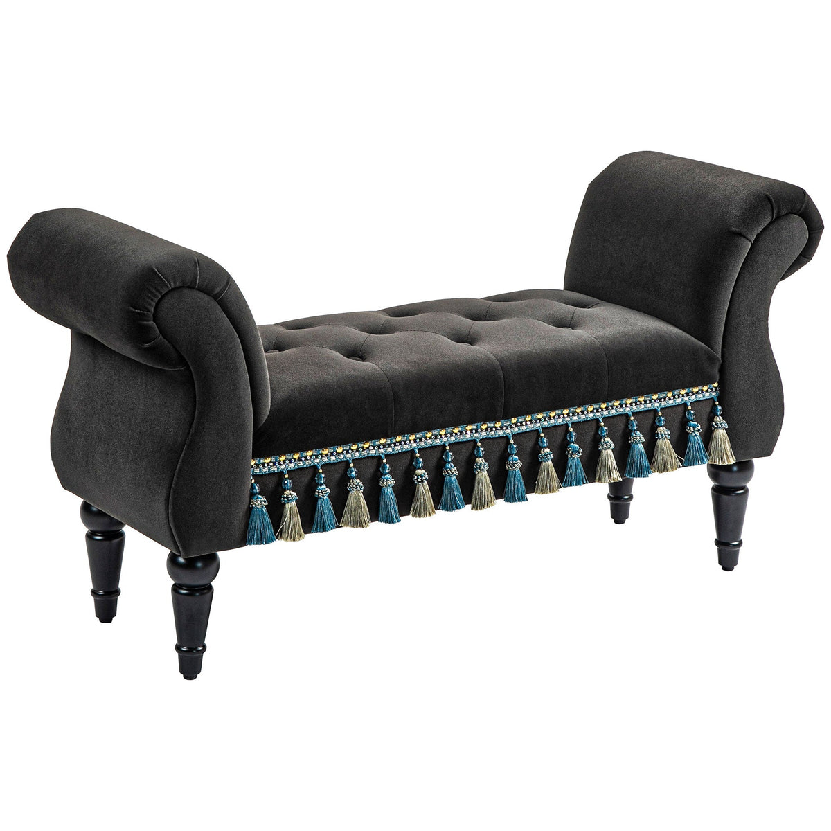 Upholstered Bench, Storage Armrest Wooden Legs, Dark Grey