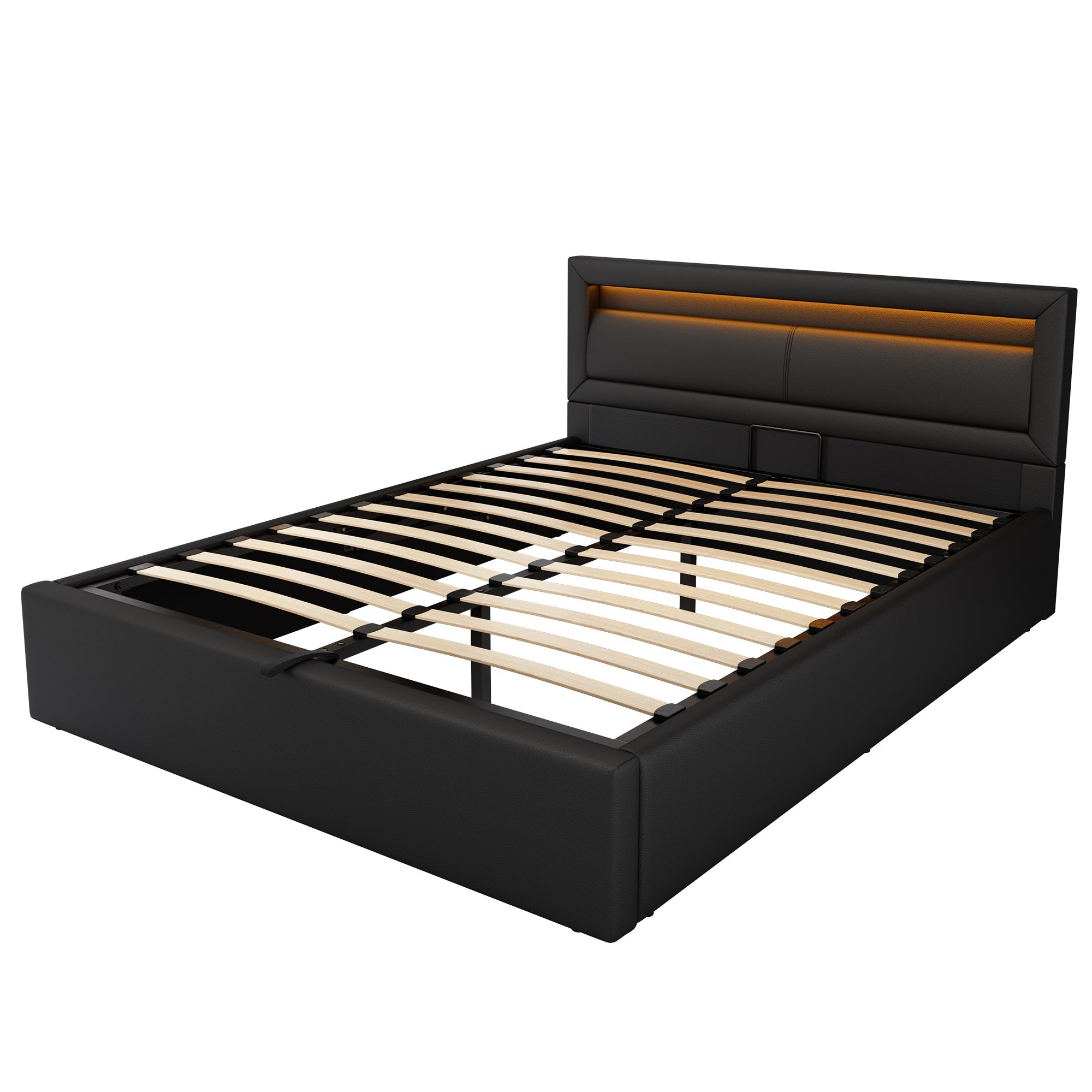 Upholstered Bed with Lift-Up Storage, LED Lighting & Slatted Base, Black