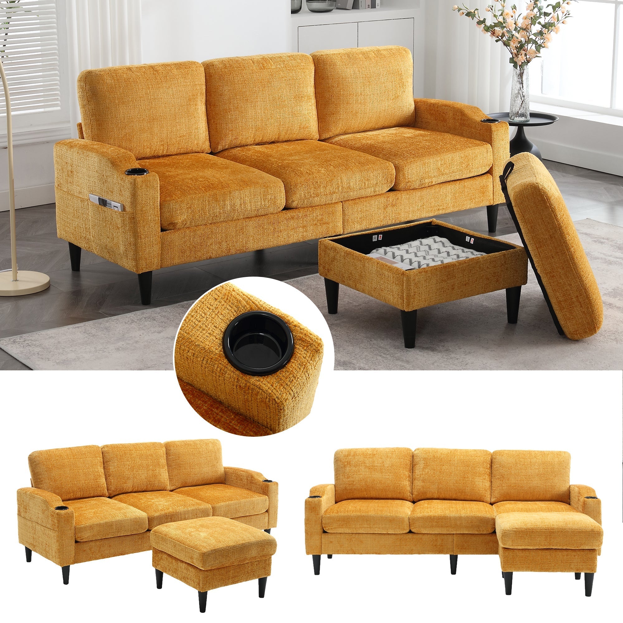 Sofa, 4-Seater with Footstool, Storage & Cupholder, Velvet