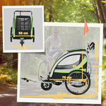 2-in-1 Bicycle Trailer, 2 Children, Push-along, Rain Cover, Brake, Green