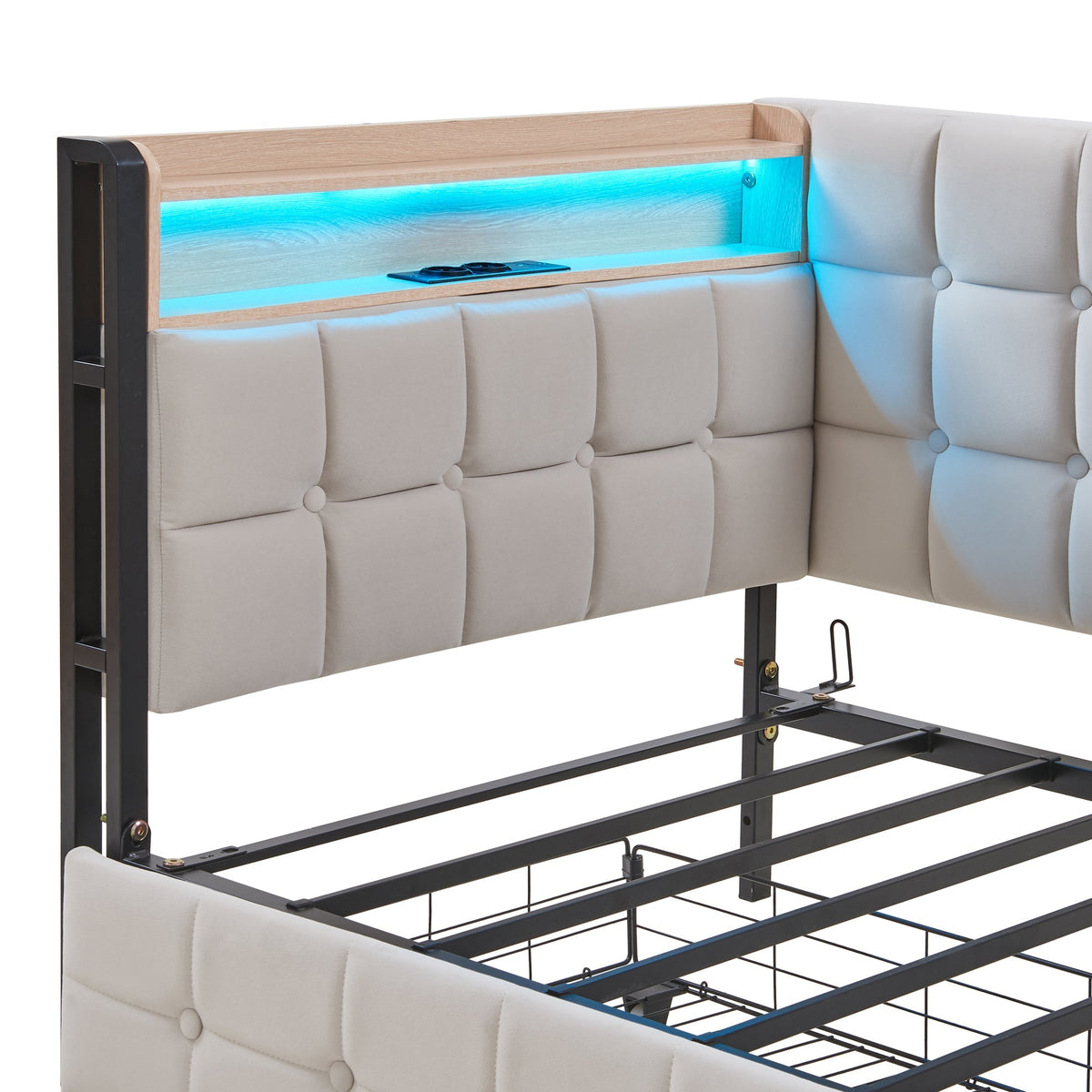 Upholstered Sofa Bed 90x200, 2 Drawers, LED Lamp, USB/Type-C Port, Beige