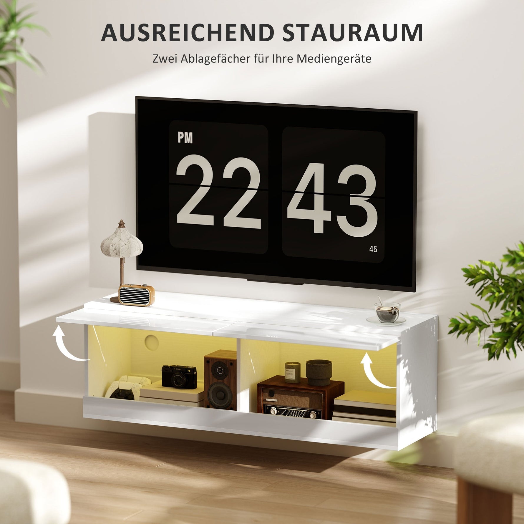 Wall-Mounted TV Cabinet, LED Lighting, Open Shelves, High-Gloss White