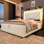Upholstered Single Bed 90x200cm with LED & Storage, Beige Velvet