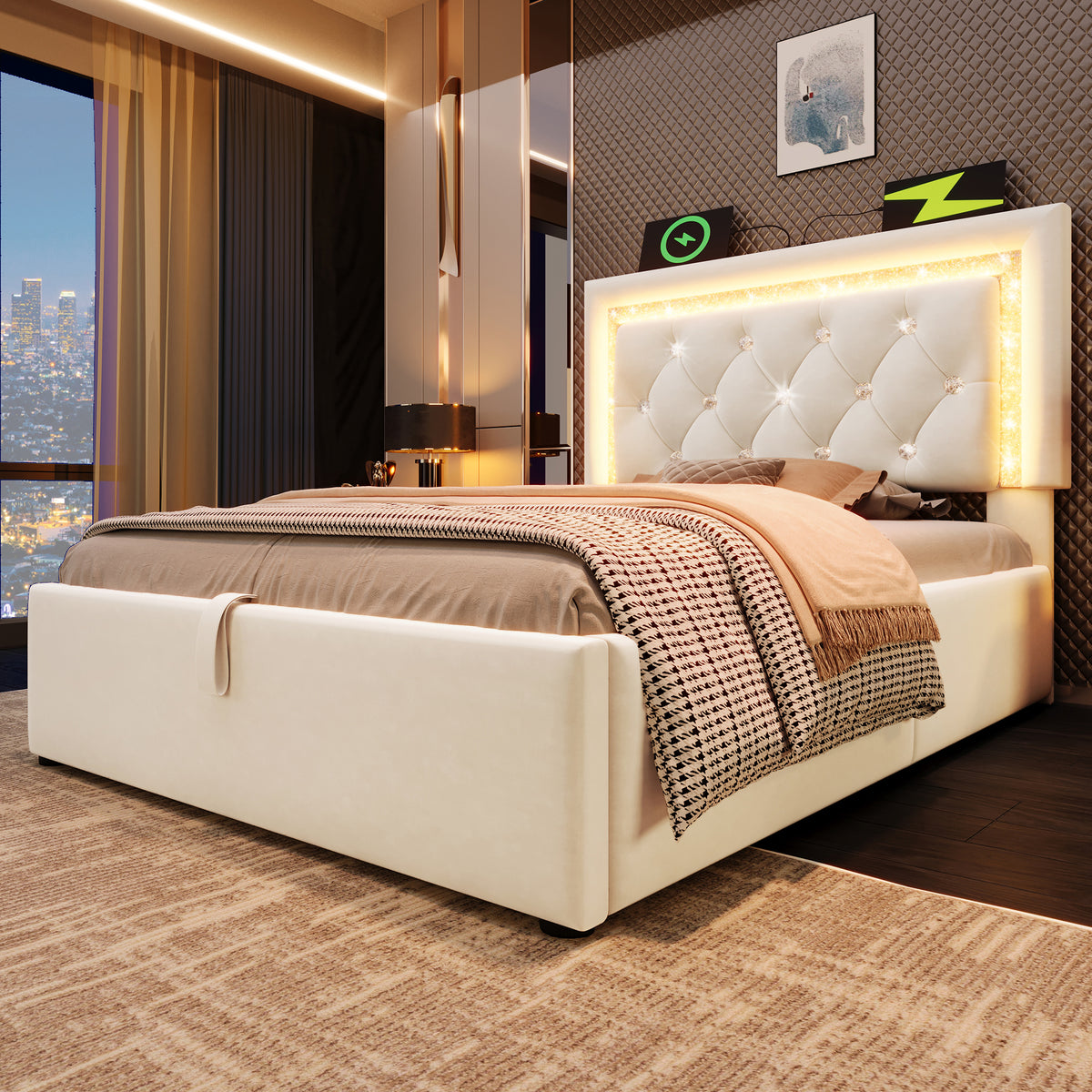 Upholstered Single Bed 90x200cm with LED & Storage, Beige Velvet