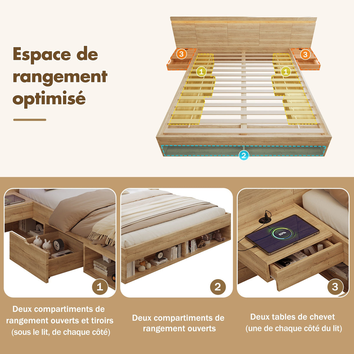 Double Bed 180x200cm Storage with LED, USB/Type-C, 2 Drawers & Bedside Tables Natural Wood