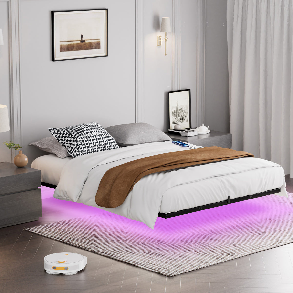 Floating Metal Bed with LED Lighting, 160x200 cm, Black