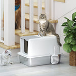 Cat Litter Box with Lid, Built-in Filter, Stainless Steel, White