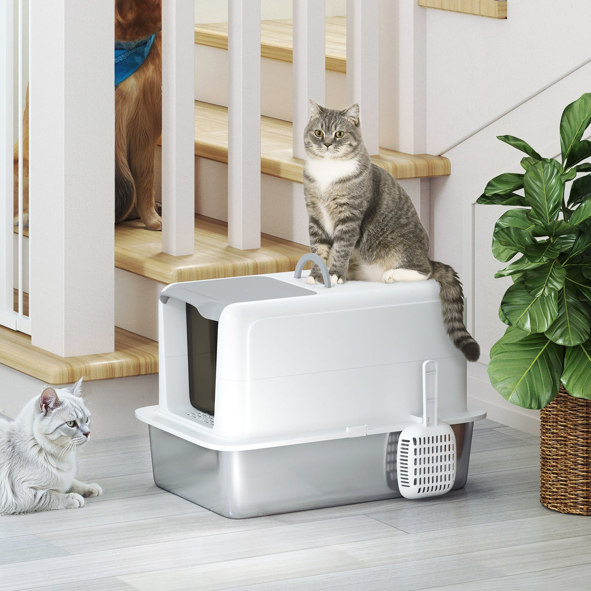 Cat Litter Box with Lid, Built-in Filter, Stainless Steel, White