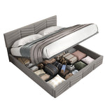 Upholstered Double Bed 140x200cm with Hydraulic Function, Striped Adjustable Headboard, Velvet Grey