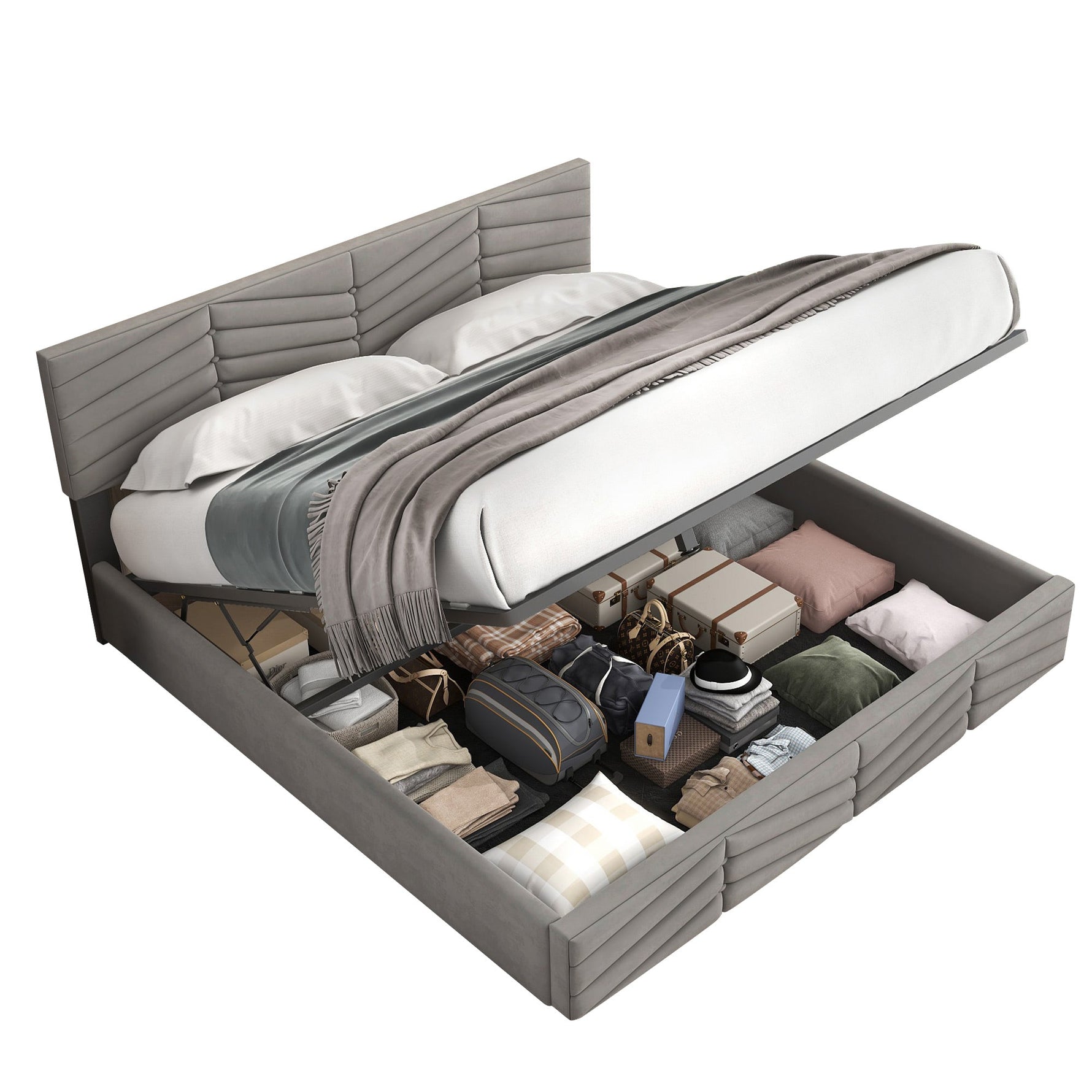 Upholstered Double Bed 140x200cm with Hydraulic Function, Striped Adjustable Headboard, Velvet Grey