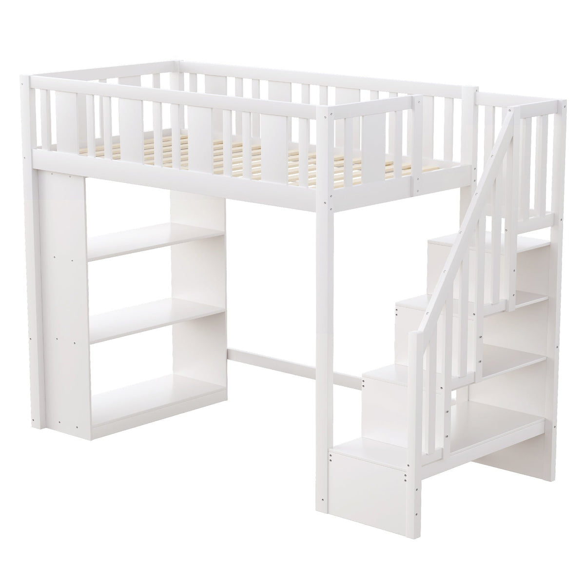 Loft Bed, 90x200cm with Storage Stairs, Functional Wooden Bed, White