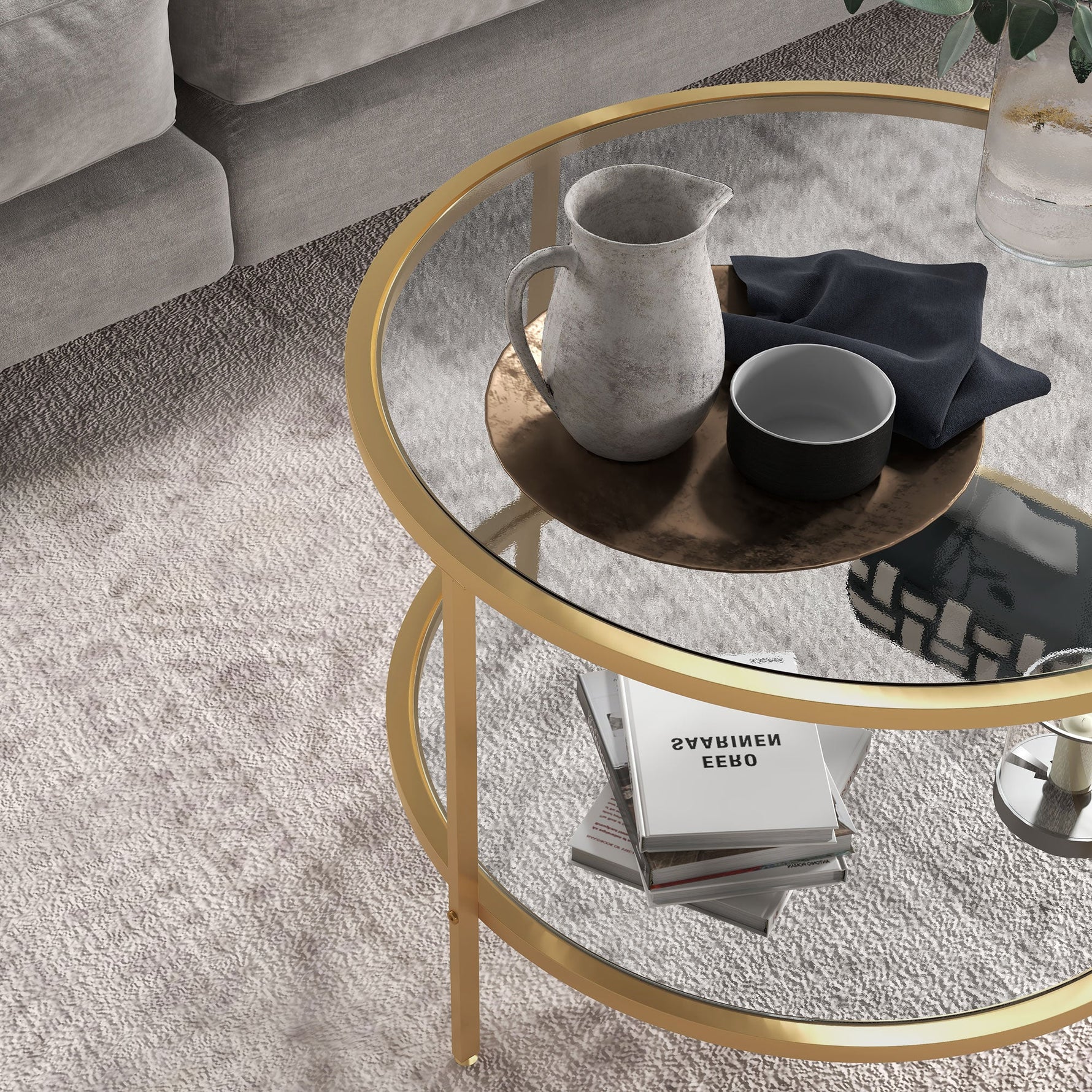 Side Table Round Coffee Table with Shelf, Steel, Gold