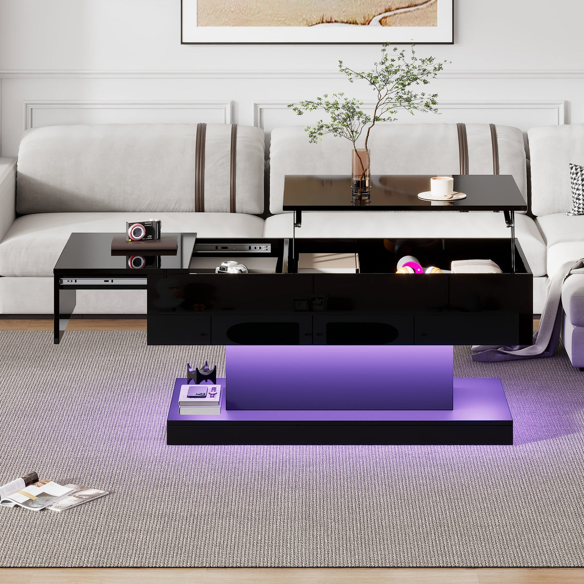 High-gloss Lift-Up Tea Table, LED Coffee Table with Storage, 100x50x45 cm