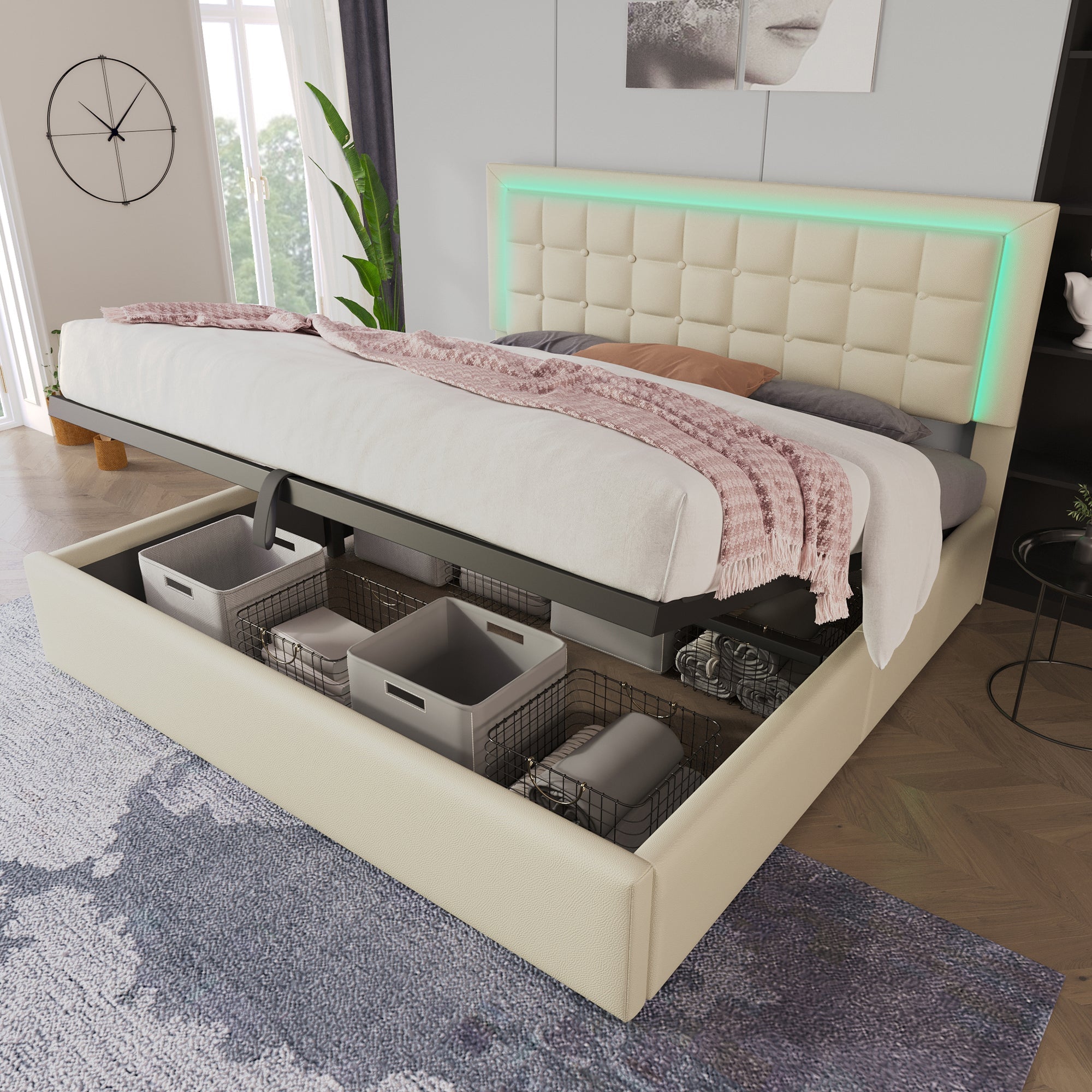 061617AAW Upholstered Double Bed with LED Lighting, Slatted Frame and Storage, 180x200cm, White Faux Leather