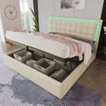 061617AAW Upholstered Double Bed with LED Lighting, Slatted Frame and Storage, 180x200cm, White Faux Leather