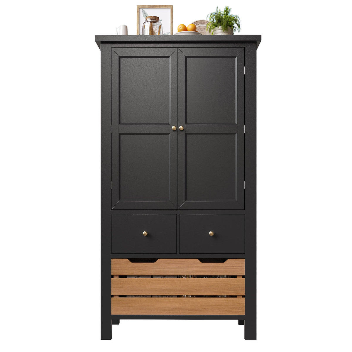 Kitchen Cabinet, Tall Buffet Storage with 2 Doors & 5 Drawers, Black/White